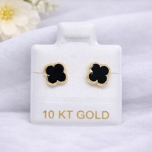 Van Four Leaf Black Enamel Stud Earrings Inspired 10K Solid Gold 7mm